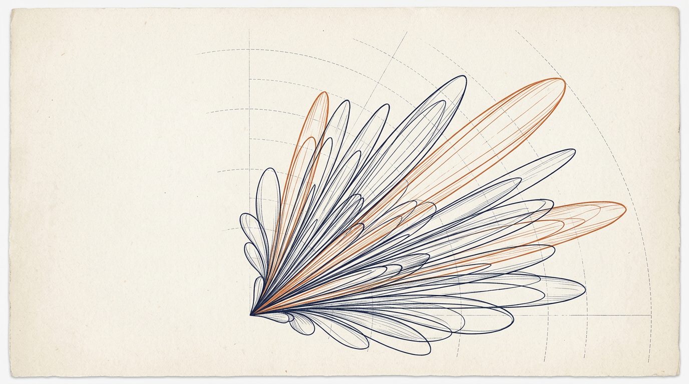 Ink drawing of antenna beam-pattern lobes fanning out on warm paper